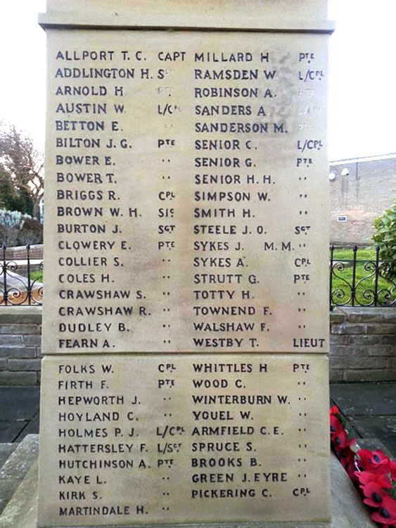 The First World War Commemorations on the War Memorial for Dodworth (Barnsley)