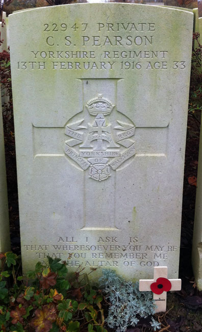 Private Pearson's grave in the Bailleul Community Cemetery (Nord)