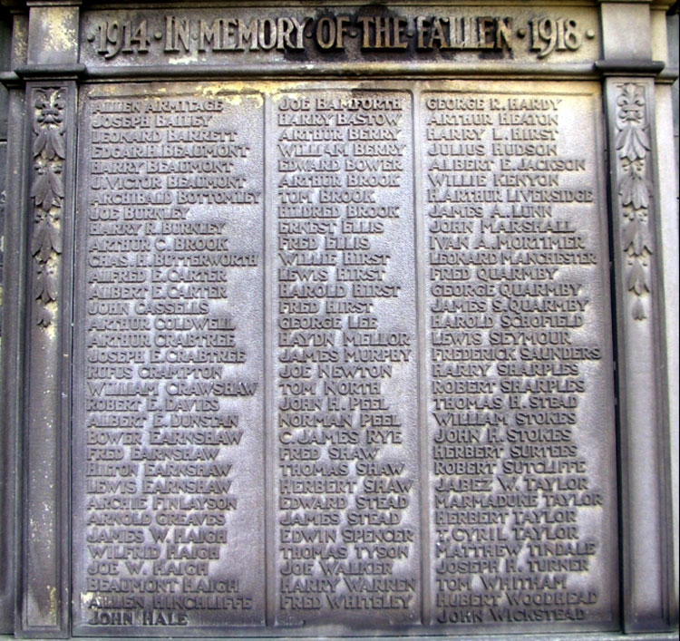 The names of those who died in the First World War on the Meltham War Memorial