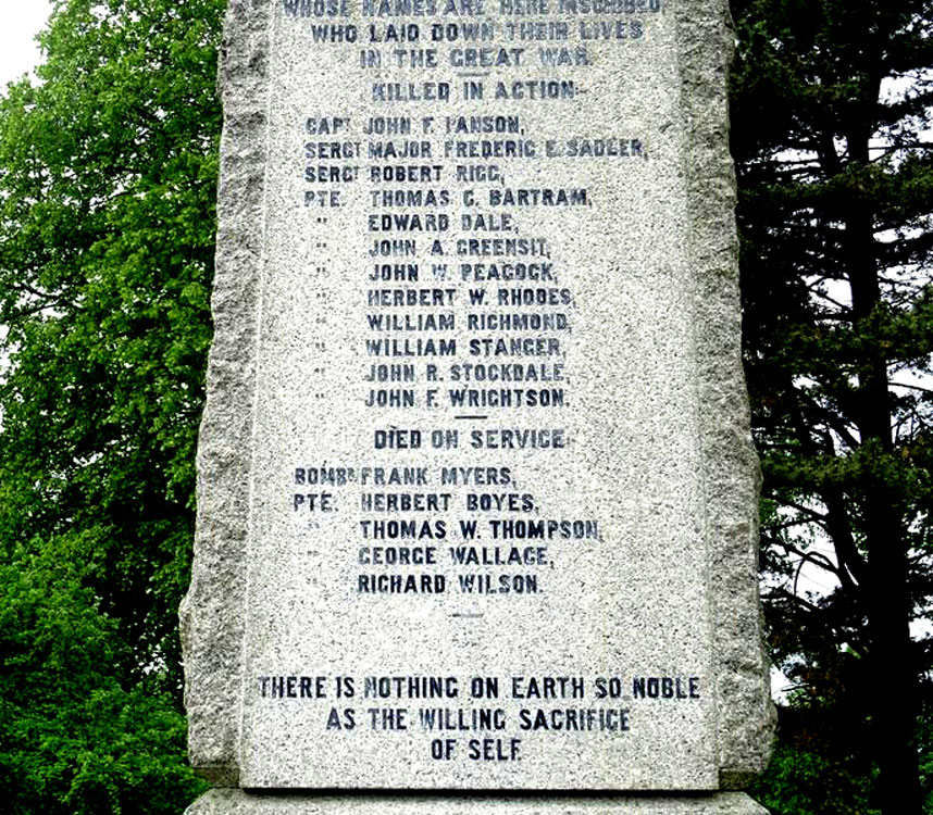 First World War Commemorations on the War Memorial in the Churchyard of All Saints' Church, Pickhill