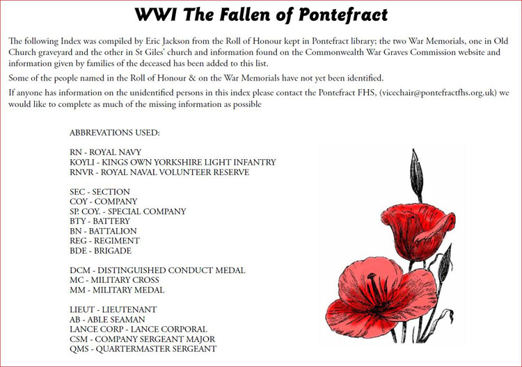 The Title Page for the Index of WW1 Fallen from the Pontefract Roll of Honour Website