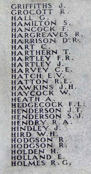 Private Hancock's Name on the War Memorial for Port Sunlight.