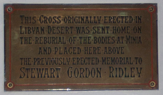 The Plaque by Lieutenant Ridley's Cross in the Lady Chapel of St. Peter's Church, Redcar (Cleveland)