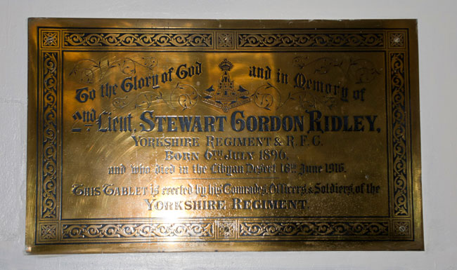 The Plaque Commemorating Lieutenant Ridley in the Lady Chapel of St. Peter's Church, Redcar (Cleveland) 