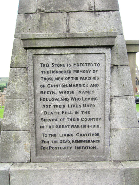 The Dedication on the War Memorial for Grinton, Marrick and Reeth 