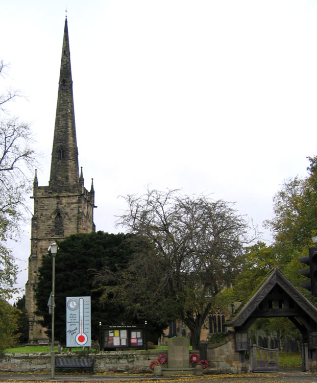 St. Wystan's Church, Repton, Derbyshire, - with the War Memorial outside to the left of the gate.