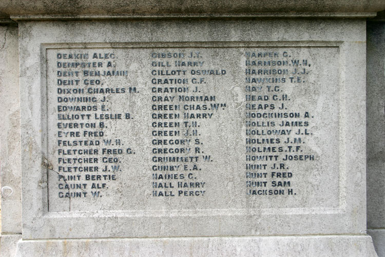 The First World War names(D - H) on the Ripley, Derbyshire, War Memorial