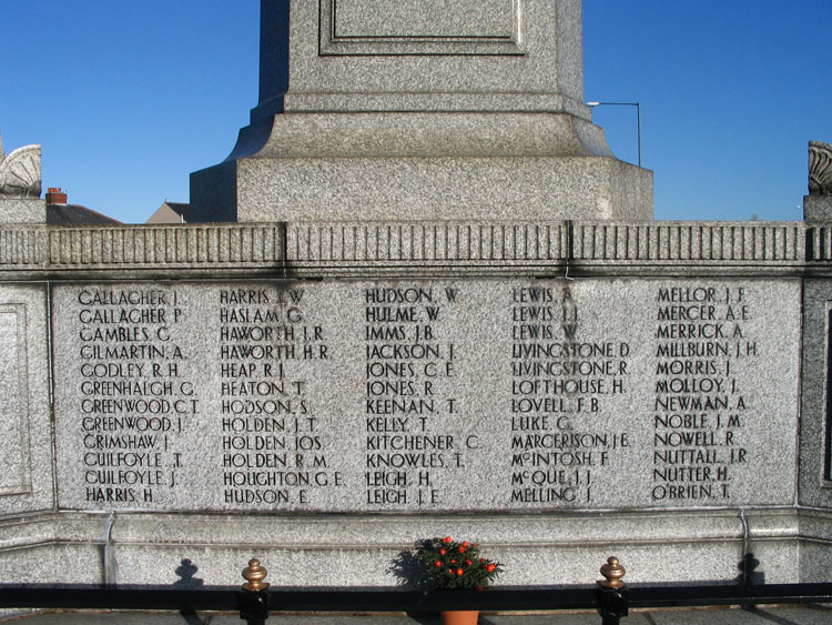 The First World War names(G - O) on the Rishton, Lancs, War Memorial