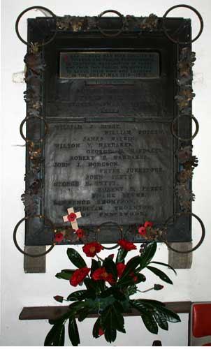 The Memorial Tablet in St. Edmund's Church, Marske (Swaledale), which includes the Roll of Honour