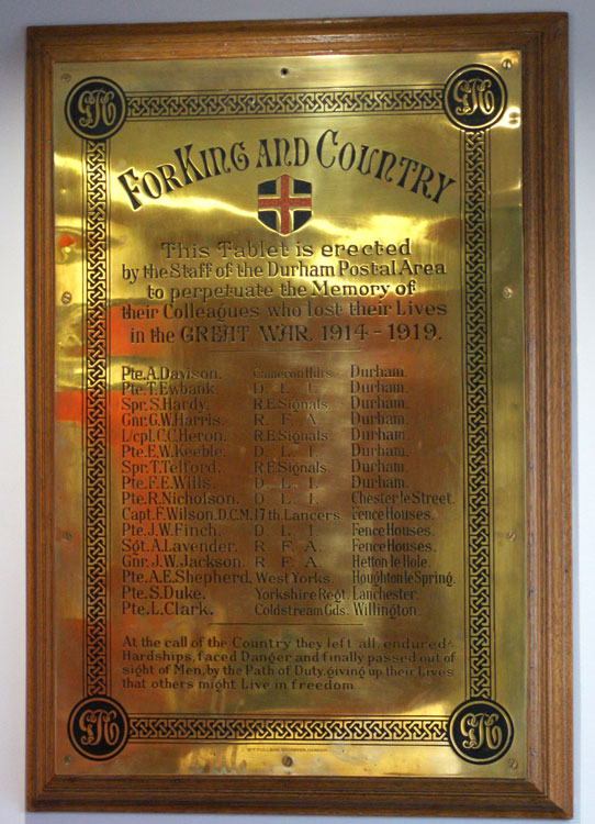 The First World War Memorial in the Durham Royal Mail Delivery Centre