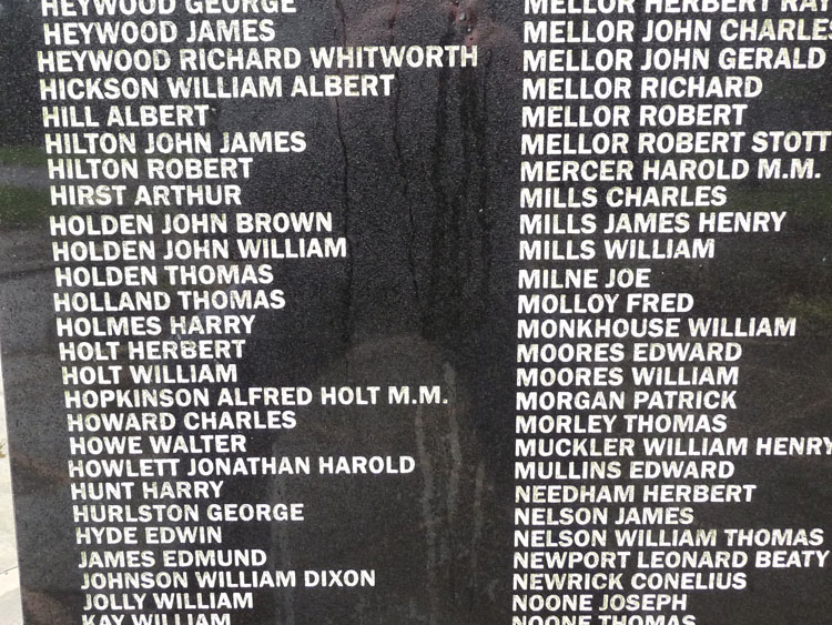 Fred Molloy's Name on the War Memorial in Royton Park (Oldham, Lancs)