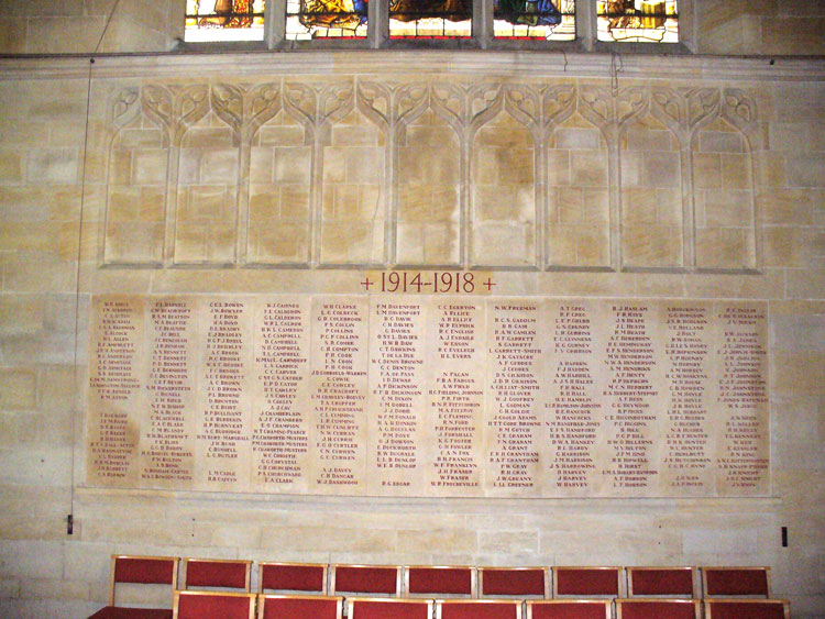 The First World War Memorial in the Chapel of Rugby School (Names "A" - "K")