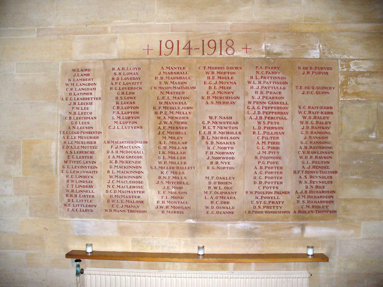 The First World War Memorial in the Chapel of Rugby School (Names "L" - "R")