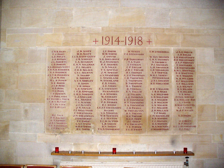 The First World War Memorial in the Chapel of Rugby School (Names "R" - "Y")