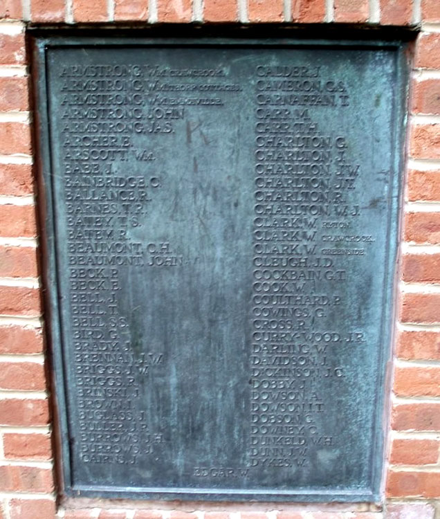 Private Charlton's Name on the Ryton War Memorial