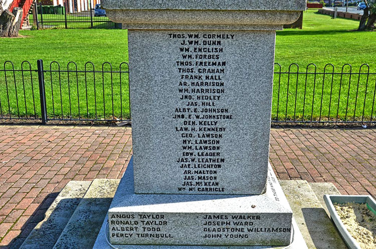 Thomas Freeman's and Arthur Malton's names on the War Memorial for Seaton Delaval (Northumberland)