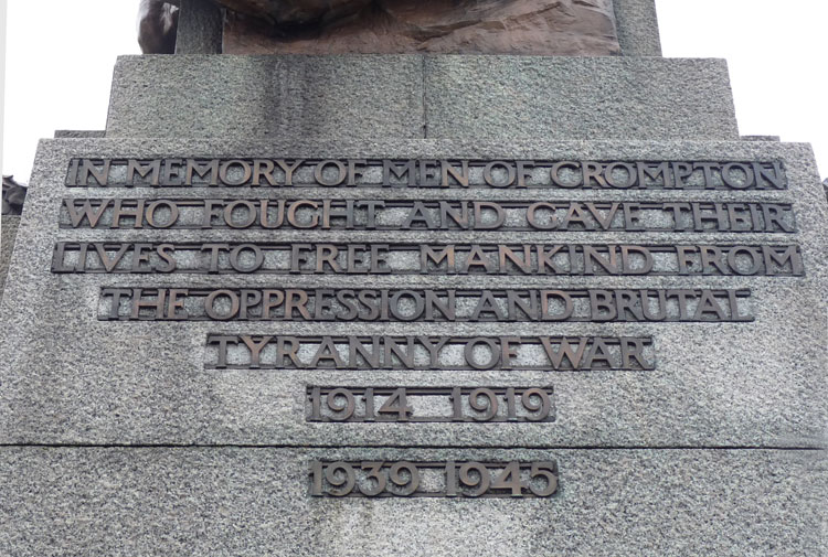 The Dedication on the War Memorial for the Men of Crompton in Shaw (Oldham, Lancs)