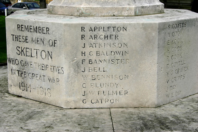 Dedication and Names "A" - "D" on the War Memorial for Skelton (Redcar & Cleveland)