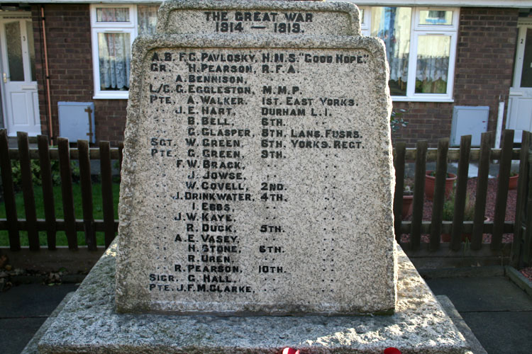 The names of the First World War fallen on the Skinningrove War Memorial.