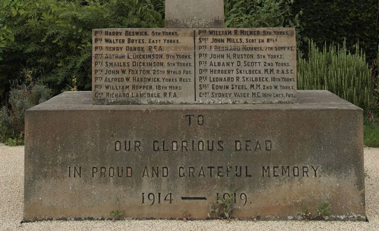 The Names and Dedication on the Snainton War Memorial