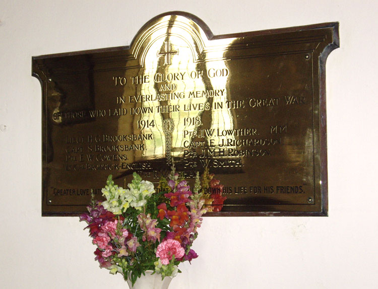 The First World War Memorial Plaque in St. Hilda's Church, Sneaton.