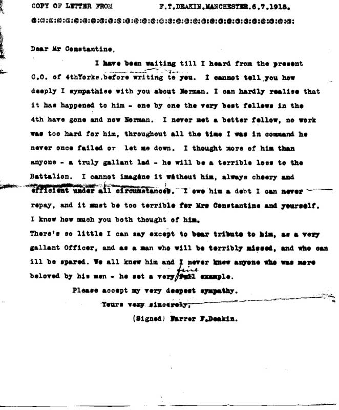 a copy of the letter written by Colonel Farrer Deakin, who had once been Captain H N Constantine's Commanding Officer