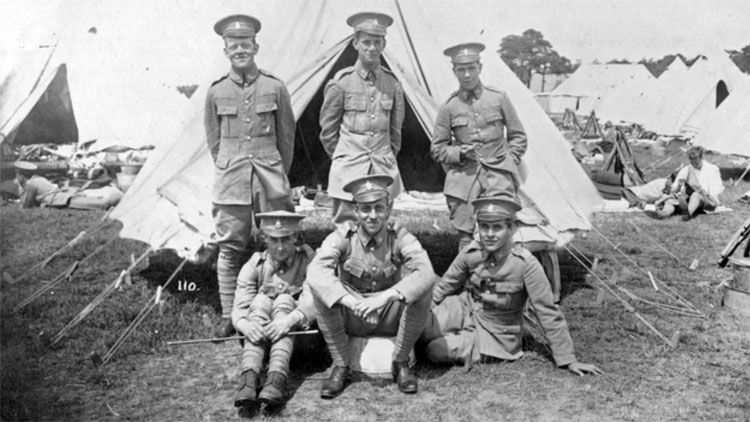 Charles Sproxton with fellow cadets in the Cambridge University OTC on Farnborough Common in 1912