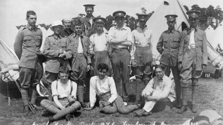 Charles Sproxton with fellow cadets in the Cambridge University OTC on Farnborough Common in 1912
