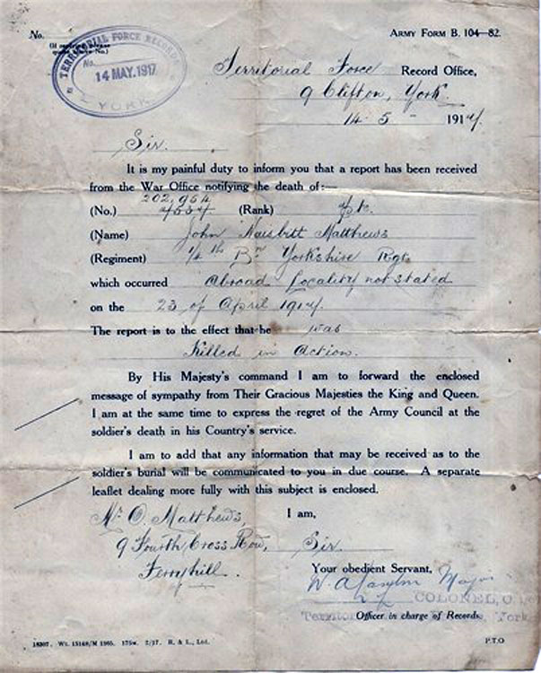 The Official Letter notifying his father of John Naisbitt Matthews' Death