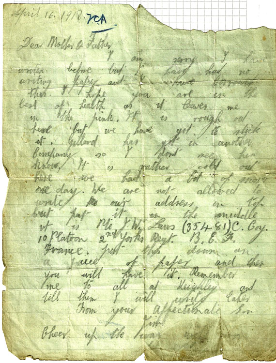 James Laws' letter home, 16 April 1918