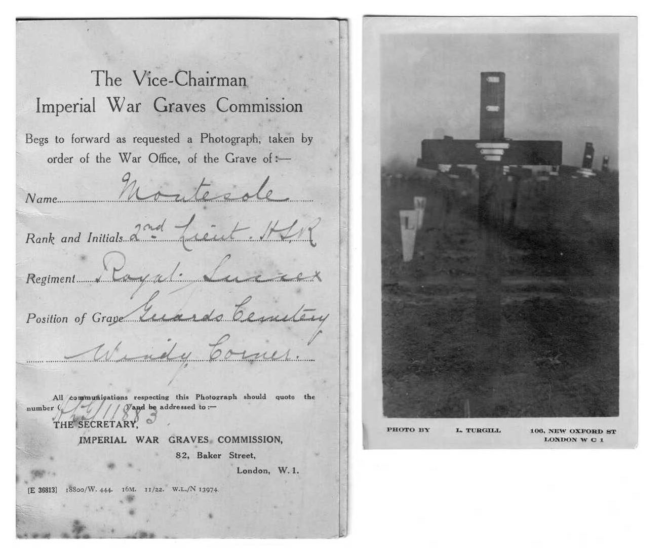 A photograph of Lieutenant Herbert Montesole’s original grave as sent to his family.