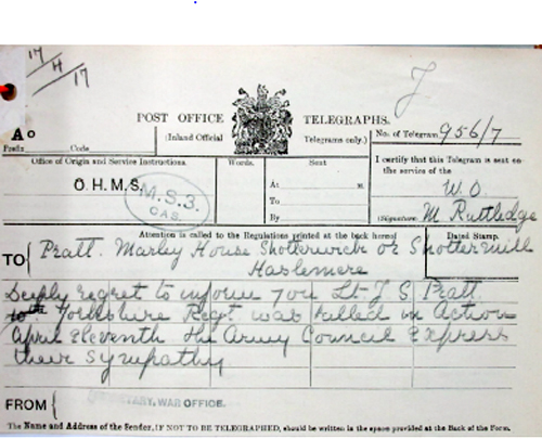 telegram, sent to Lieutenant Pratt's family, advising them of his death in action