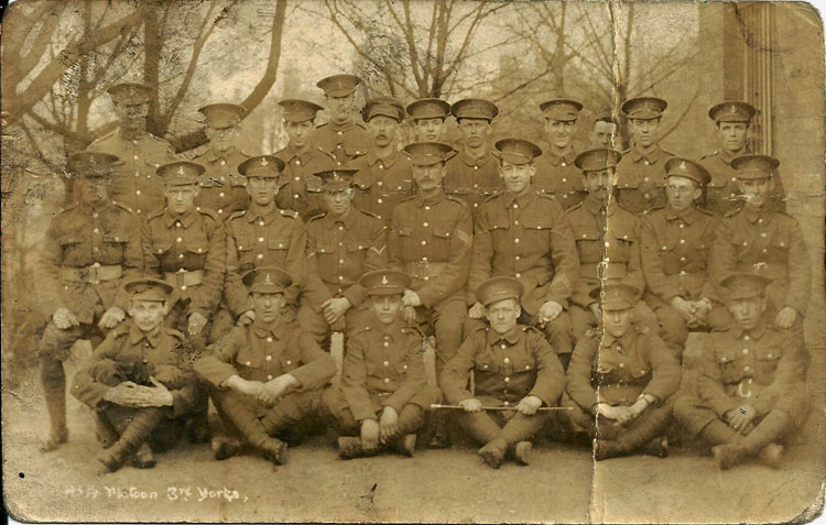 Serjeant Preston (centre) with a platoon of the 3rd Battalion, early 1917.