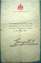 The letter of commemoration, recieved by Patrick Edward Ruddy's parents, signed by King George V.