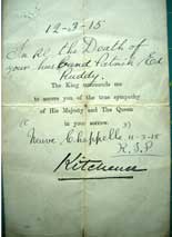 The letter, signed by Lord Kitchener, informing Patrick Edward Ruddy's parents of his death in the Battle of Neuve Chapelle.