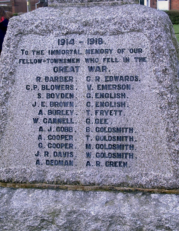 Detail of the War Memorial, - Southwold, Suffolk (Private Brown's name centre left). 