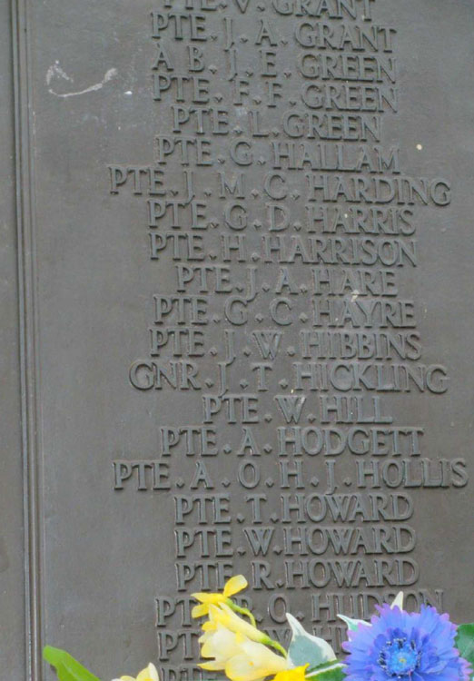 The name of Private Hibbins on the War Memorial for Stamford (Lincs)