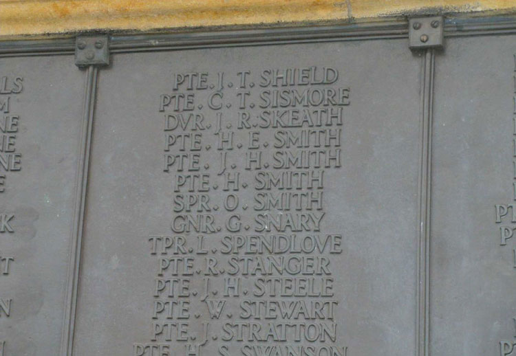 The name of Private Smith on the War Memorial for Stamford (Lincs)