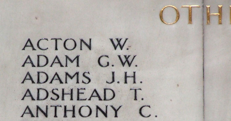 The Name of Lieutenant Adam on the Stockport War Memorial ("Other Regiments")