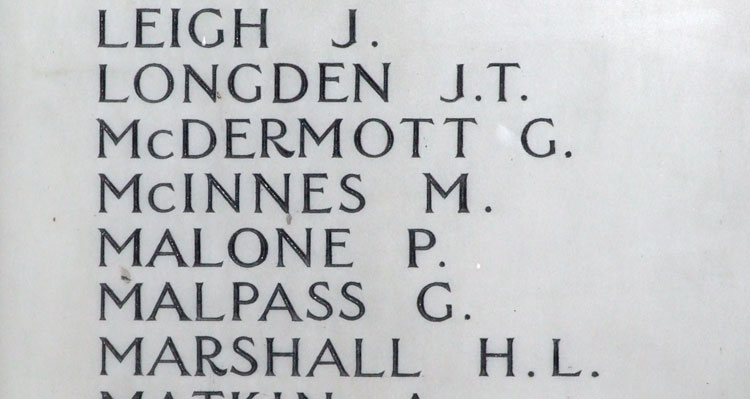 The Name of L/Cpl McInness on the Stockport War Memorial ("Royal Artillery")