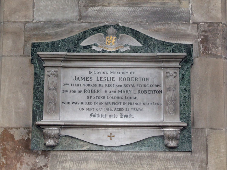 The Family Memorial to 2nd Lieutenant Roberton in the Church of St. Margaret of Antioch, Stoke Golding (Leicestershire)