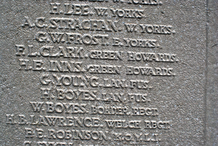 Two of the Four Yorkshire Regiment Names on the Strensall War Memorial.