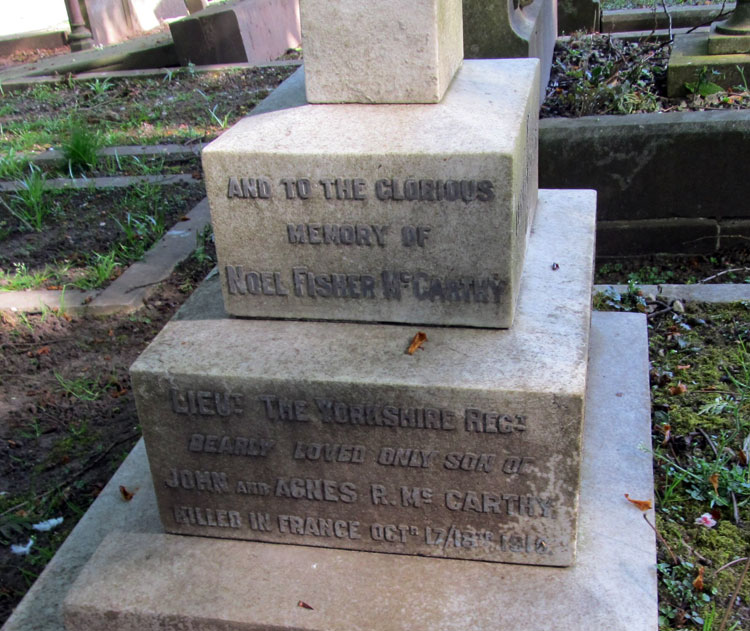 The Commemoration of 2nd Lieut McCarthy on the McCarthy Family Headstone in Sutton Coldfield Cemetery