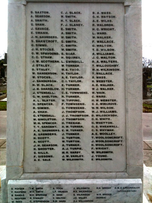 The War Memorial for Sutton in Ashfield, Notts, with Private Slaney's name on it.