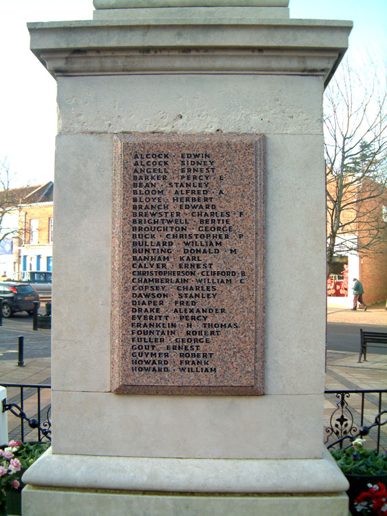 Detail of the War Memorial, - Swaffham, Norfolk (Private Diaper's name centre). 