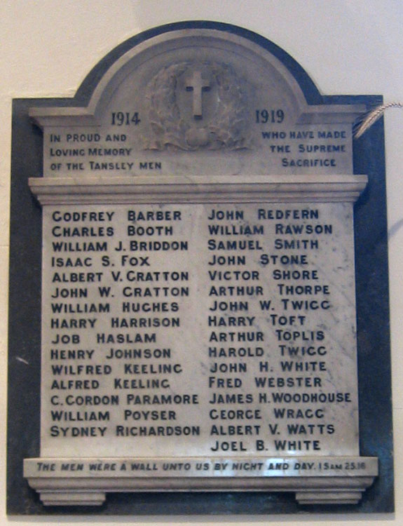 The Names on the War Memorial, - Holy Trinity Church, Tansley (Derbyshire)