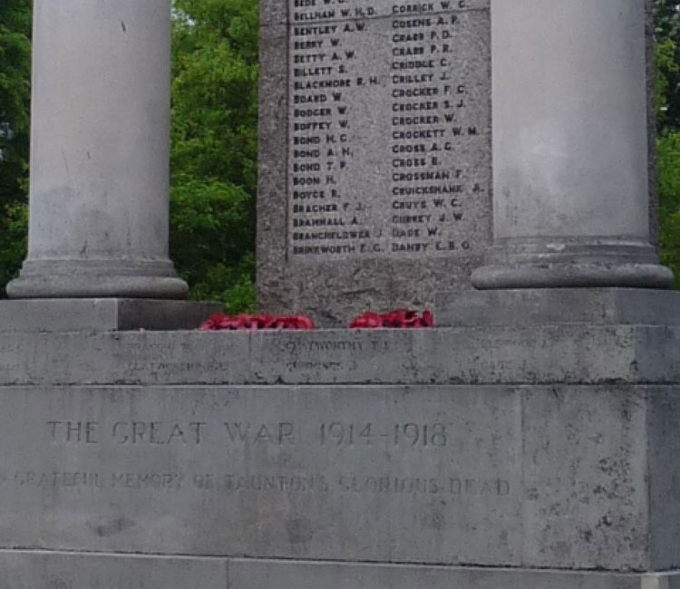 An enlargement of the photo of the Taunton War Memorial which shows Lieutenant Bentley's Name