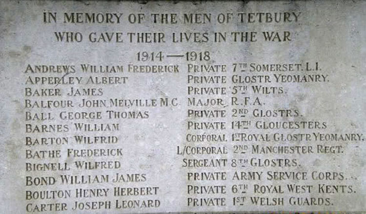 Commemoration of Names "A" to "C", First World War, on the Tetbury Memorial