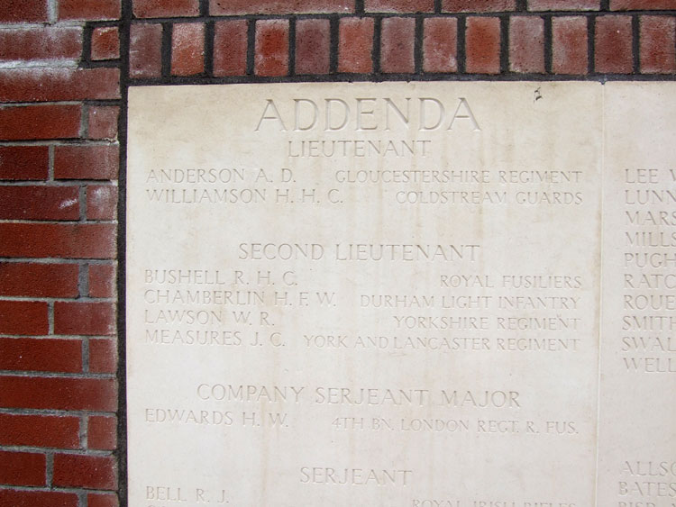 Addenda Panel (1), 2nd Lieutenant Lawson, on the Thiepval Memorial