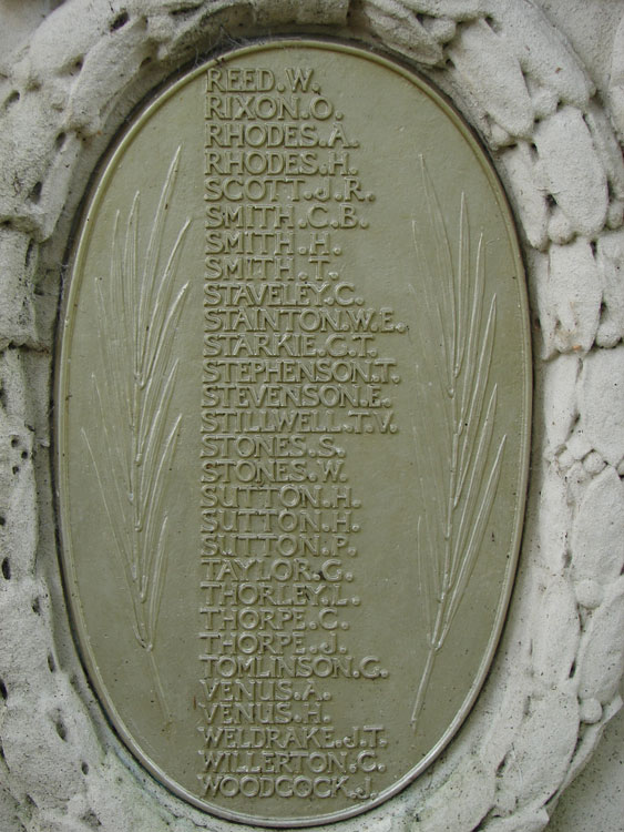 The Names of Charles Staveley and John Weldrake on the Thorne War Mmemorial.